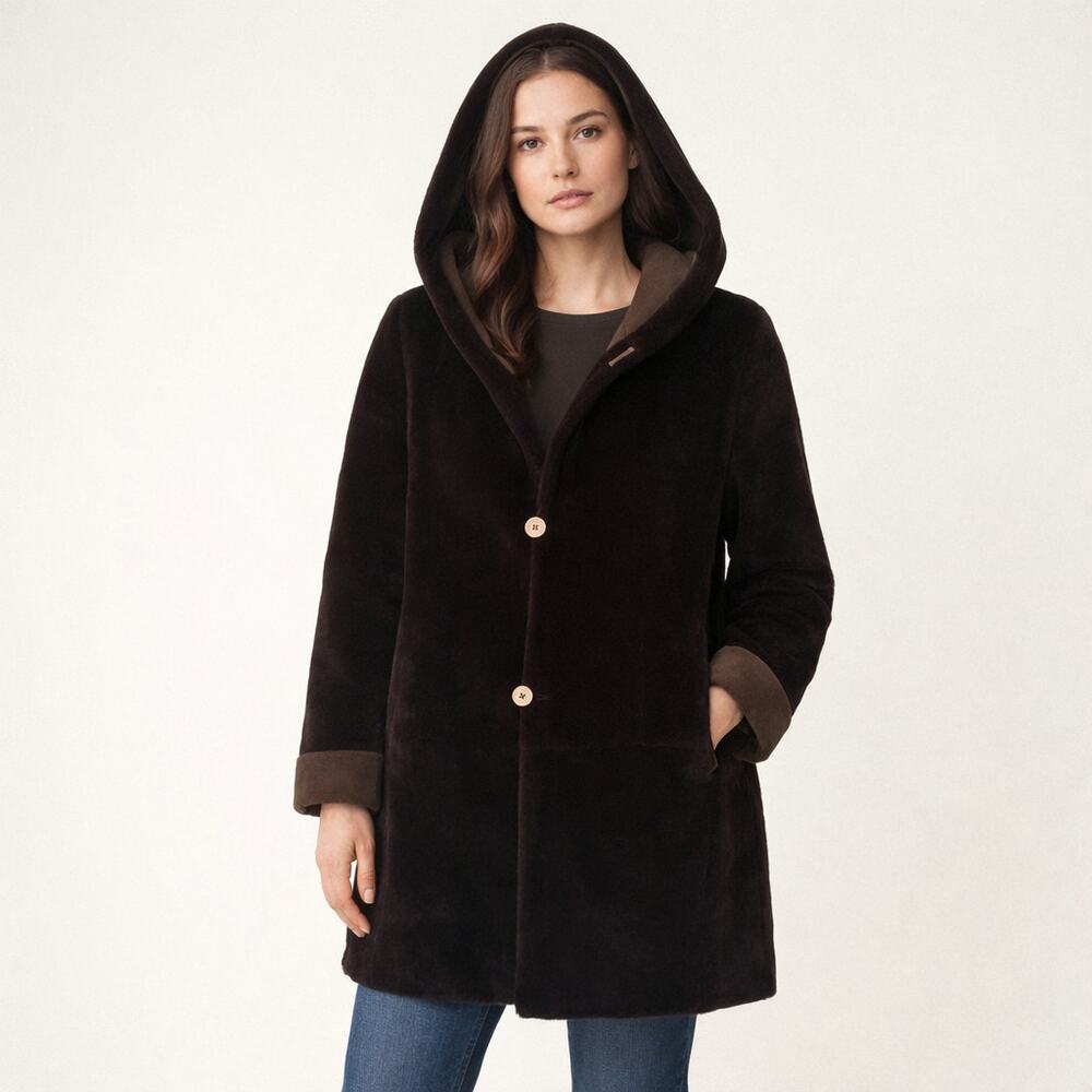 Marco Gianotti Shearling Reversable Coat Size 6 Hooded - Picture 2 of 12